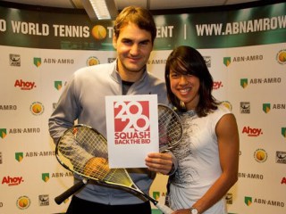 Tennis star Roger Federer (L) supporting squash's Olympic bid with Nicol David.