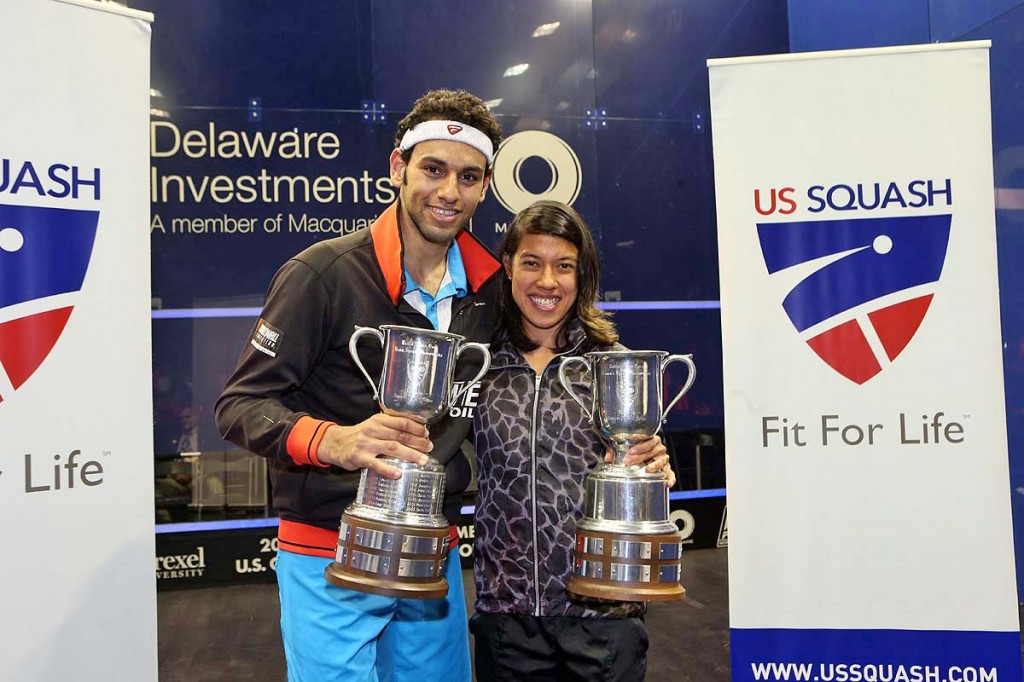 2014 Delaware Investments U.S. Open champions Mohamed Elshorbagy (L) and Nicol David. (image: Steve Line/squashpics.com)