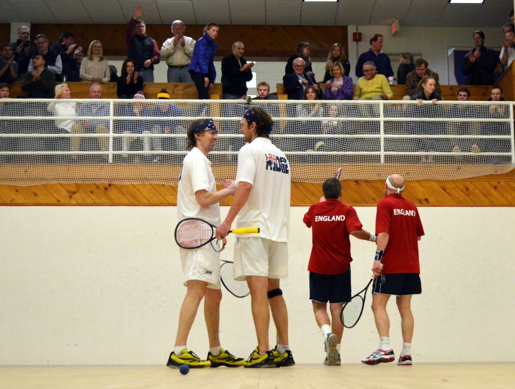 Ben Gould & Damien Mudge (L) celebrate after a win over Clive Leach & Chris Walker (R) in 2014 North American Open 