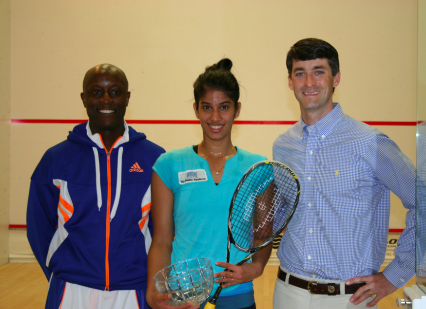 Joshana Chinappa (center) 2014 Richmond Open champion and this year's top seed with tournament directors Patrick Chifunda (L) and Winston Price (R) 