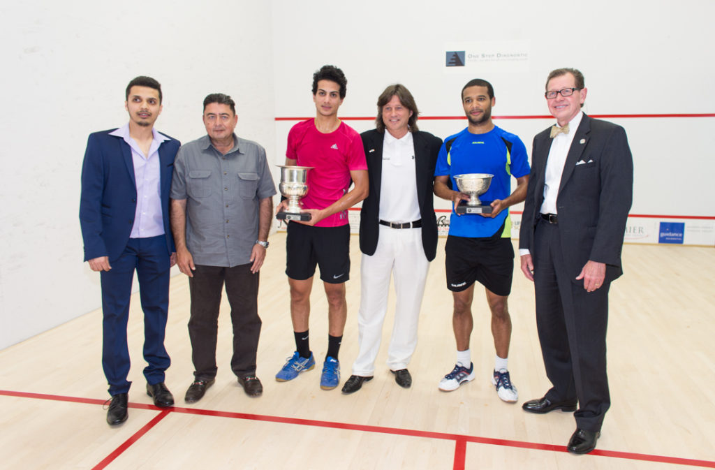 L-R: Tournament Director Jahanzeb Khan, One Step Diagnostic CEO Fuad Cochinwala, Mazen Hesham, Life Time Grand Prix Tour Director Andre Maur, Adrian Grant, Chuck Poteet Properties CEO. (image: Matthew Pace)