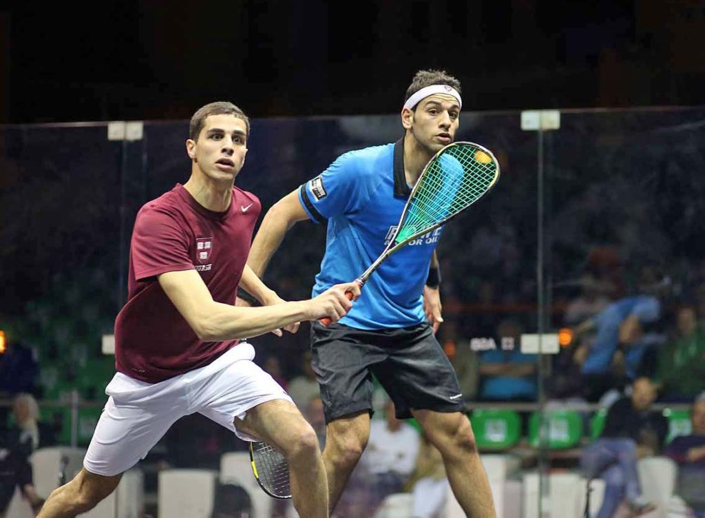 Farag against world No. 1 Elshorbagy in May's El Gouna Open. (image: Steve Line/squashpics.com)