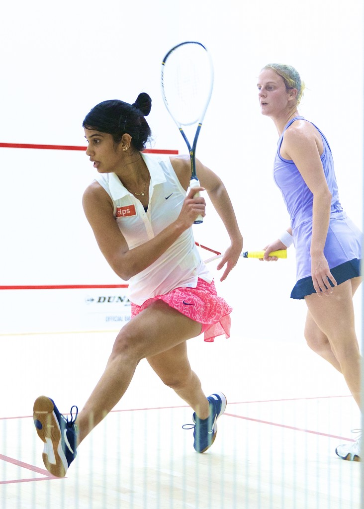 Joshana Chinappa (R) was one of two qualifiers to reach the quarterfinals Thursday. (image: Jean Ervasti)