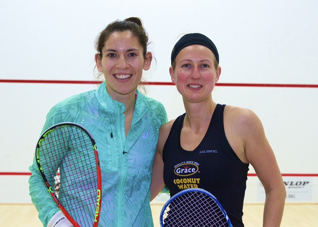 Defending Carol Weymuller champion Alison Waters (R) lost in the first round to former world No. 4 Joelle King. (image: Jean Ervasti)