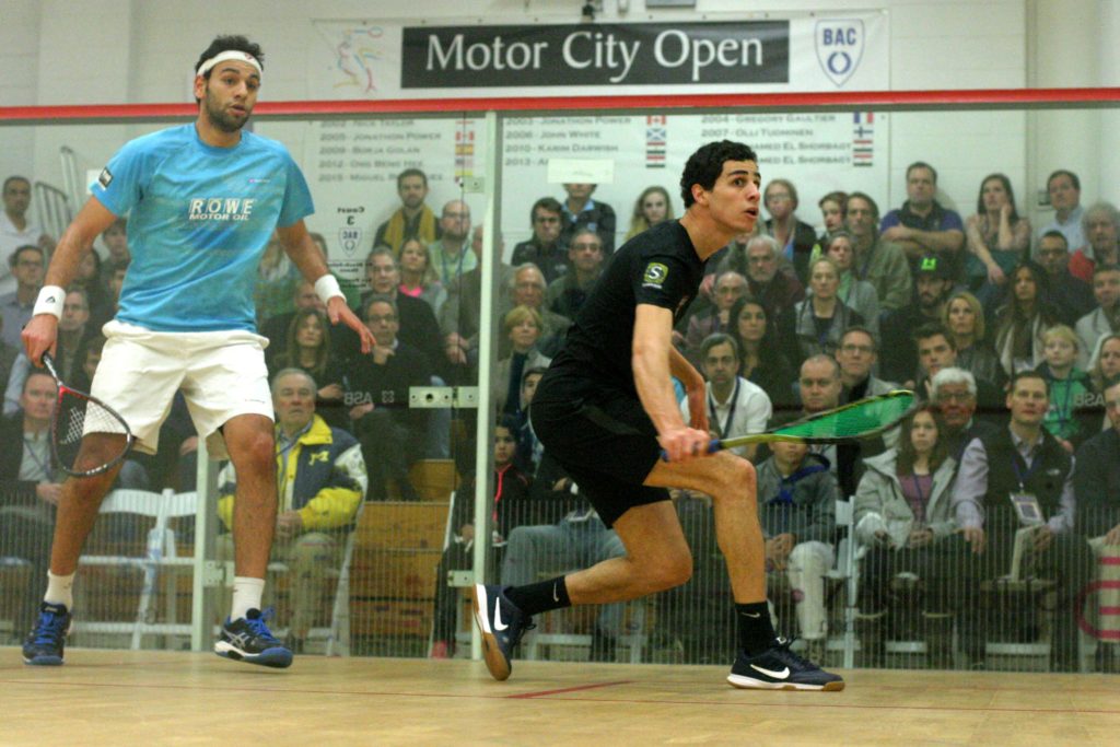 Farag (R) against Elshorbagy. (image: Motor City Open)