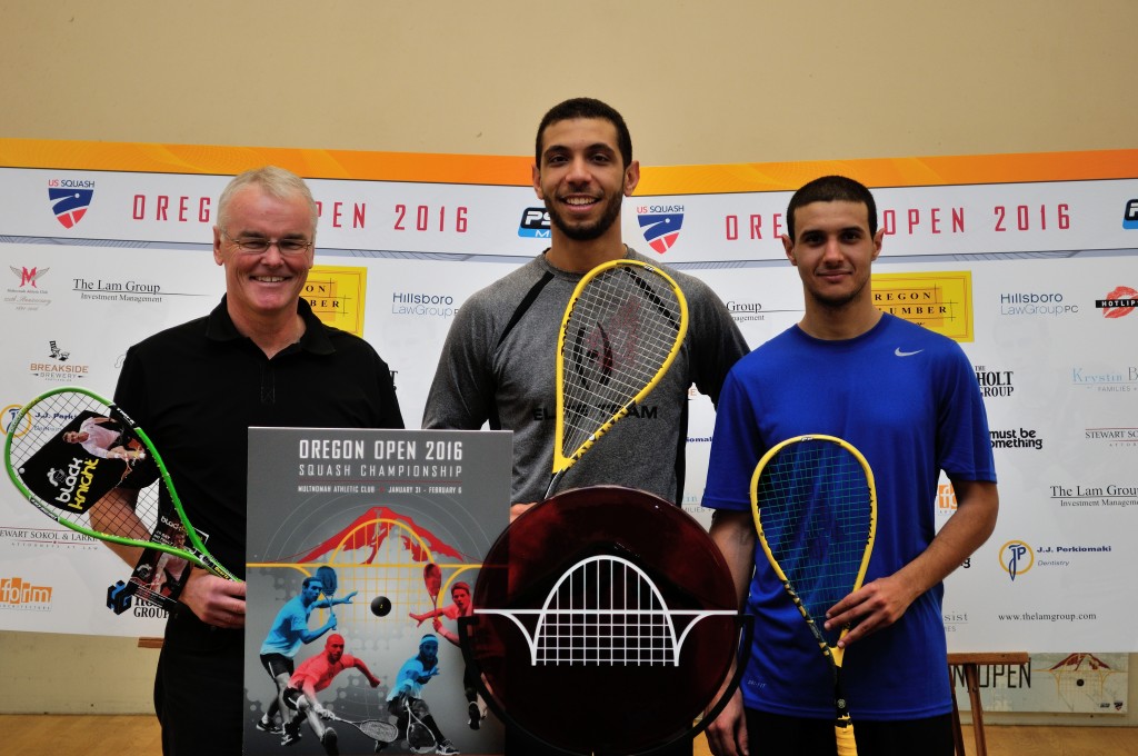 l-r: Tournament Director Anders Giltvedt, champion Omar Abdel Meguid, and finalist Karim Ali Fathi. (image: Oregon Open)