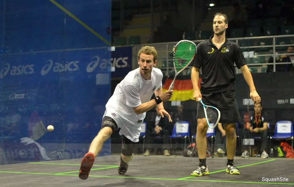 Gordon (L) representing the United States in the 2013 Men's World Team Championship. (image: Steve Cubbins/squashsite.co.uk)