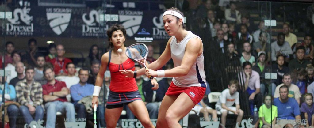 Sobhy (right) against Guyana's Nicolette Fernandes during the 2013 U.S. Open. (image: Steve Line/squashpics.com)