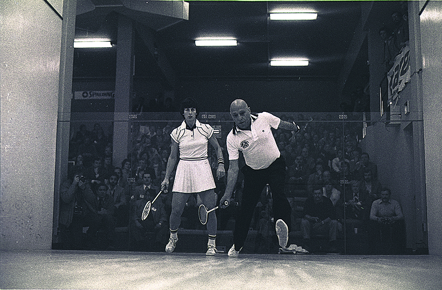 The Best v. The Best: The two greatest players in history, Hashim Khan and Heather McKay, square off in a sparkling exhibition at the 1981 WPSA Championships in Toronto. (image: Ham Biggar)