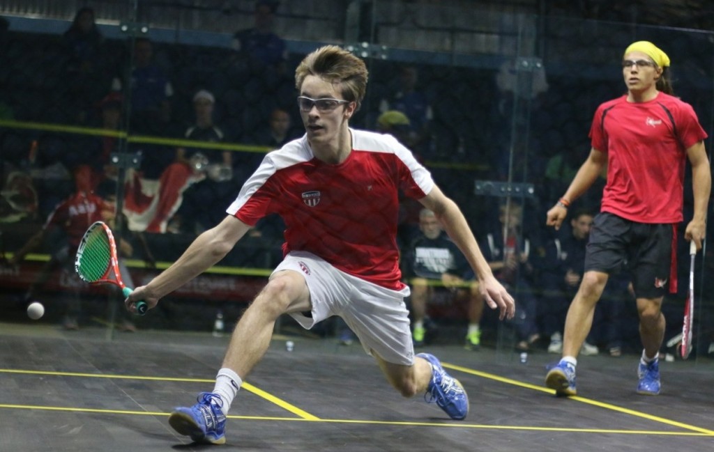 Thomas Kingshott (L) against Canadian David Baillargeon in the first round. (image: Steve Line/squashpics.com)