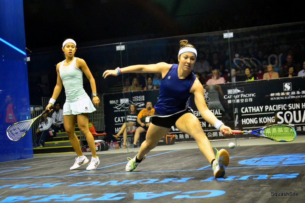 Sobhy (R) in her second World Series semifinal against world No. 1 Nicol David in Hong Kong. (image: Steve Cubbins/squashsite.co.uk)