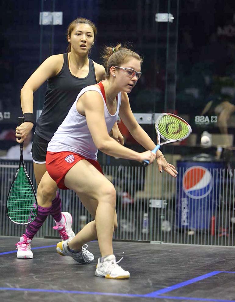 Sabrina Sobhy strikes the ball against Delia Arnold (image: Steve Line/squashpics.com)