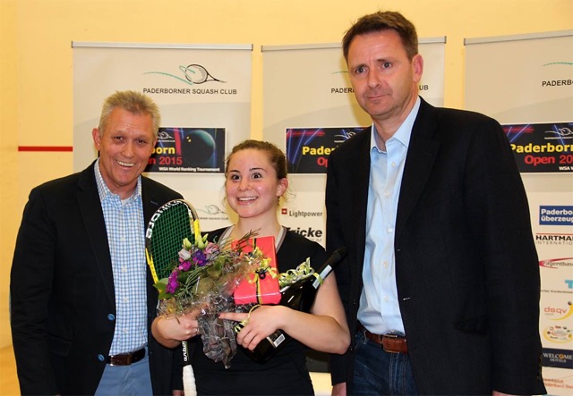 L-R: Tournament director Norman Farthing, Olivia Blatchford, Sponsor Bernd Schaefers-Mailwald (image: Paderborn Open)