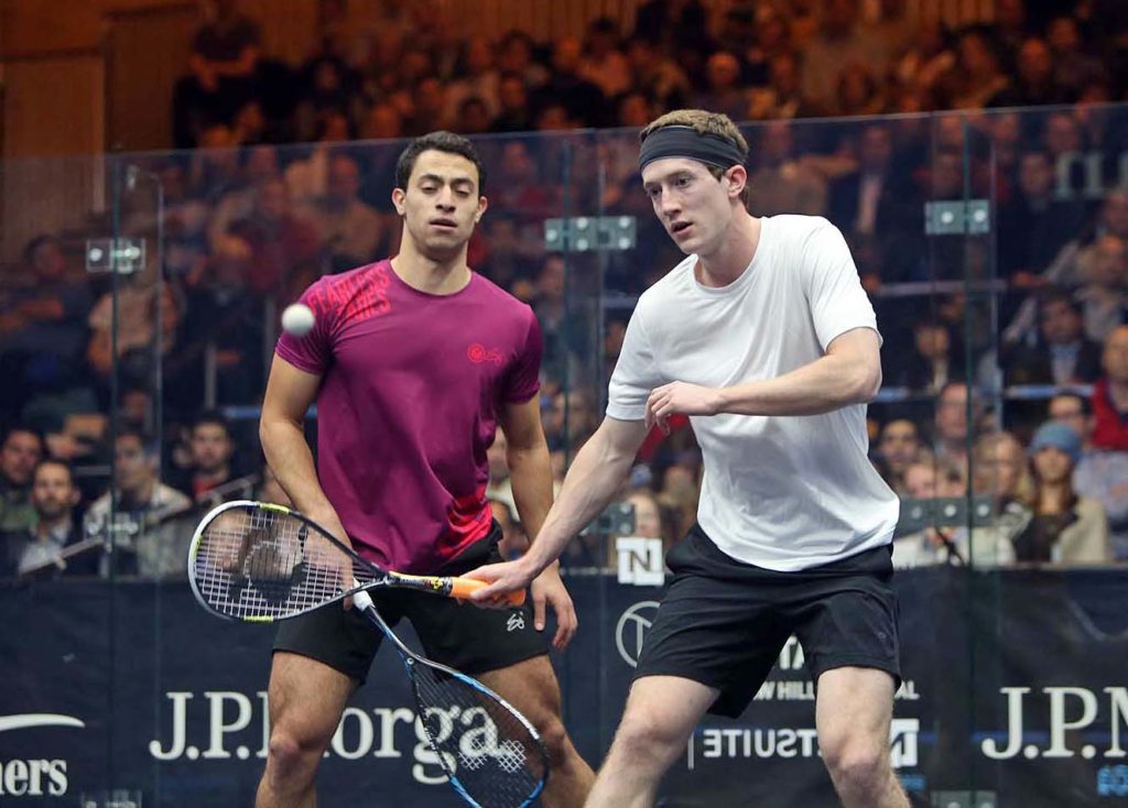 Harrity (R) against Fares Dessouki in the 2016 J.P. Morgan Tournament of Champions. (image: squashpics.com)