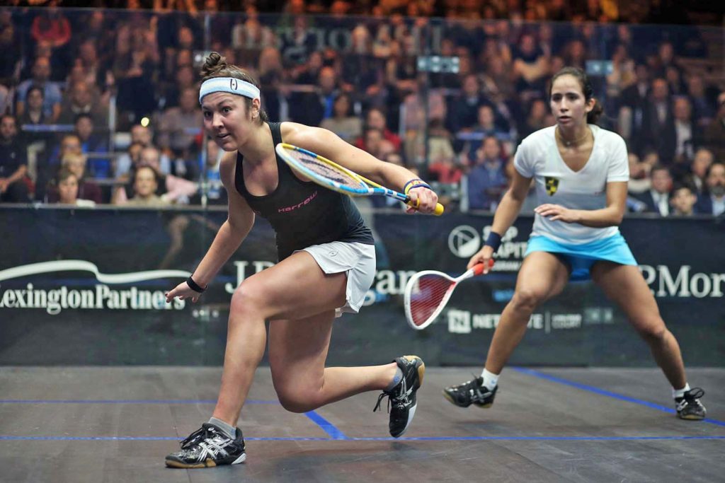 Sobhy (L) against Nouran Gohar in the Tournament of Champions quarterfinals. (image: squashpics.com)