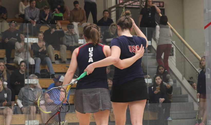 Team USA's Olivia Blatchford (l) and Sabrina Sobhy embrace after their semifinal.